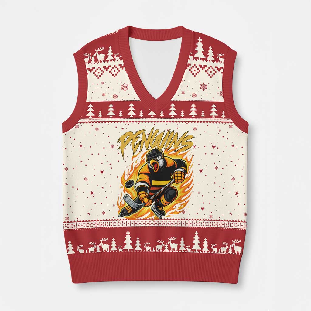 Penguin Playing Ice Hockey V-Neck Knit Sweater Vest Funny Sports Fan Gift - Wonder Print Shop