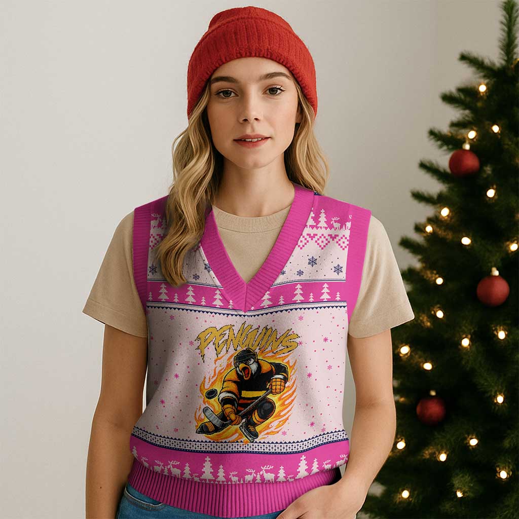 Penguin Playing Ice Hockey V-Neck Knit Sweater Vest Funny Sports Fan Gift - Wonder Print Shop