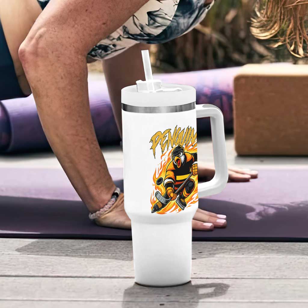 Penguin Playing Ice Hockey Tumbler With Handle Funny Sports Fan Gift - Wonder Print Shop