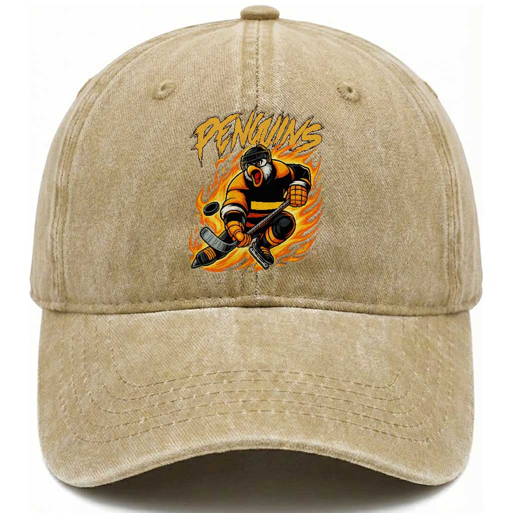 Penguin Playing Ice Hockey Washed Cotton Baseball Cap Funny Sports Fan Gift