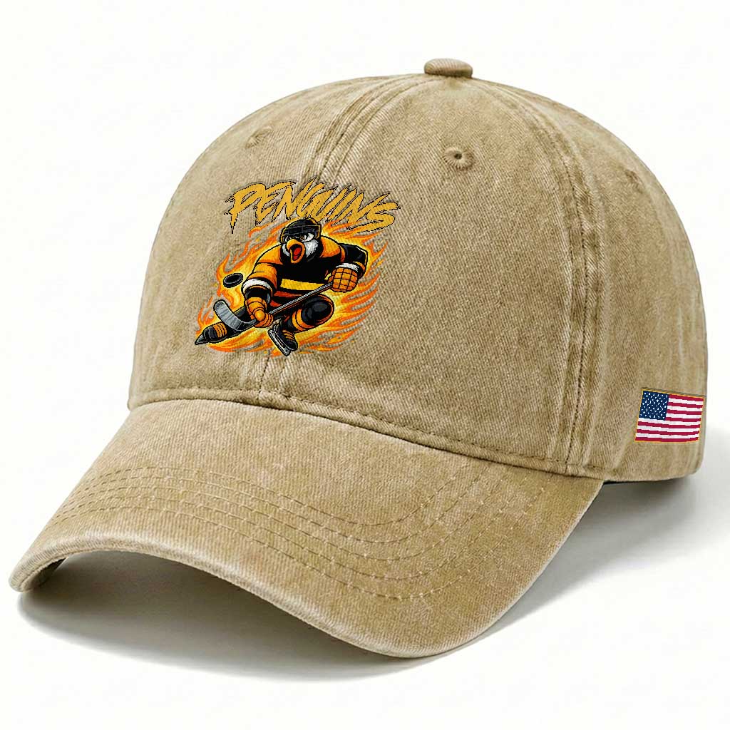 Penguin Playing Ice Hockey Washed Cotton Baseball Cap Funny Sports Fan Gift