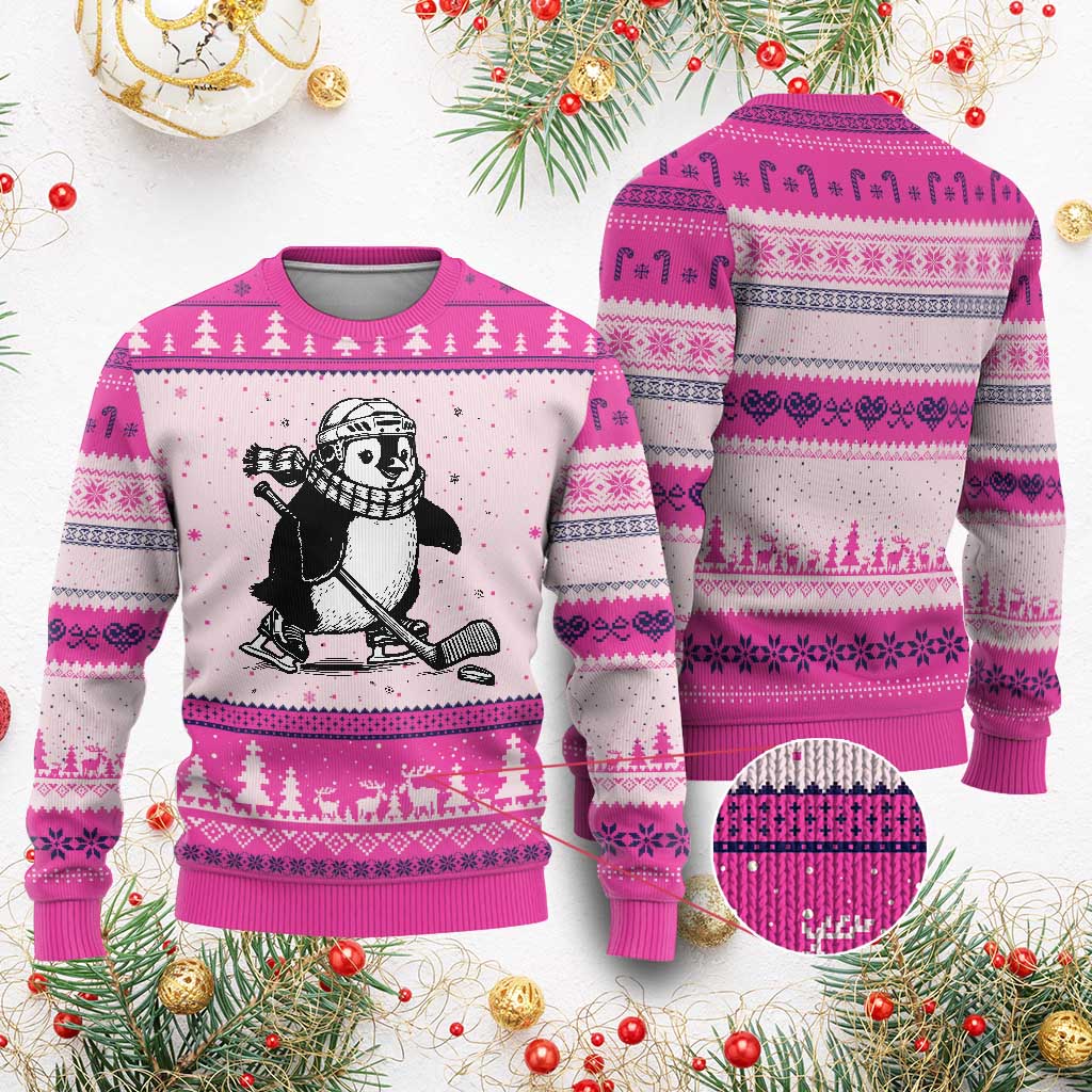 Cute Penguin Playing Ice Hockey Ugly Christmas Sweater Funny Sports Lover Gift - Wonder Print Shop