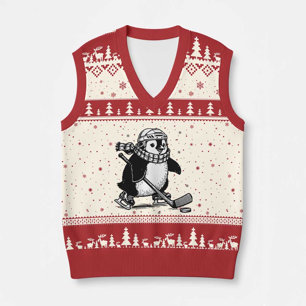 Cute Penguin Playing Ice Hockey V-Neck Knit Sweater Vest Funny Sports Lover Gift - Wonder Print Shop