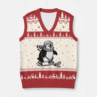 Cute Penguin Playing Ice Hockey V-Neck Knit Sweater Vest Funny Sports Lover Gift - Wonder Print Shop