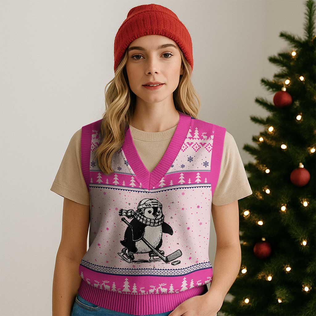 Cute Penguin Playing Ice Hockey V-Neck Knit Sweater Vest Funny Sports Lover Gift - Wonder Print Shop