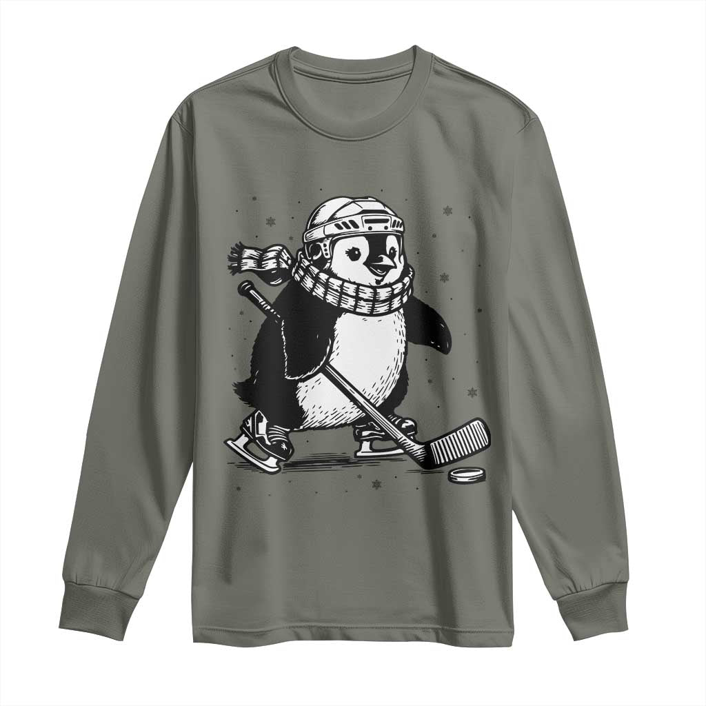 Cute Penguin Playing Ice Hockey Long Sleeve Shirt Funny Sports Lover Gift - Wonder Print Shop