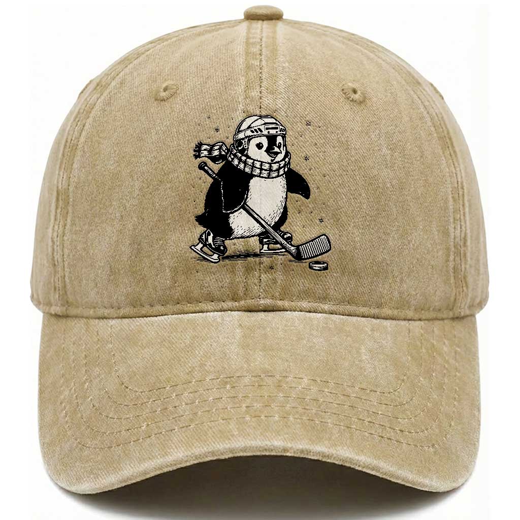Cute Penguin Playing Ice Hockey Washed Cotton Baseball Cap Funny Sports Lover Gift