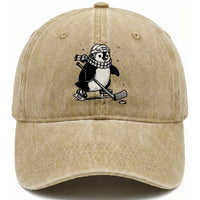 Cute Penguin Playing Ice Hockey Washed Cotton Baseball Cap Funny Sports Lover Gift