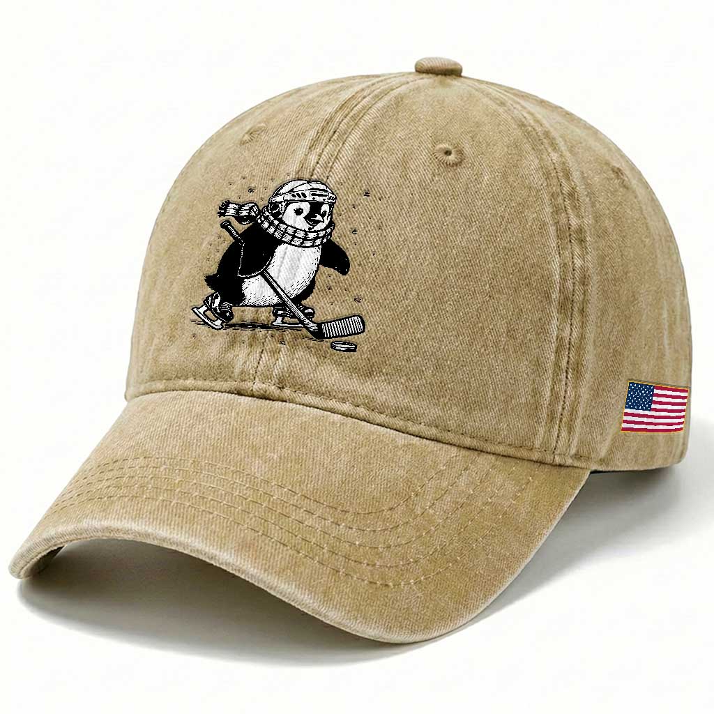 Cute Penguin Playing Ice Hockey Washed Cotton Baseball Cap Funny Sports Lover Gift