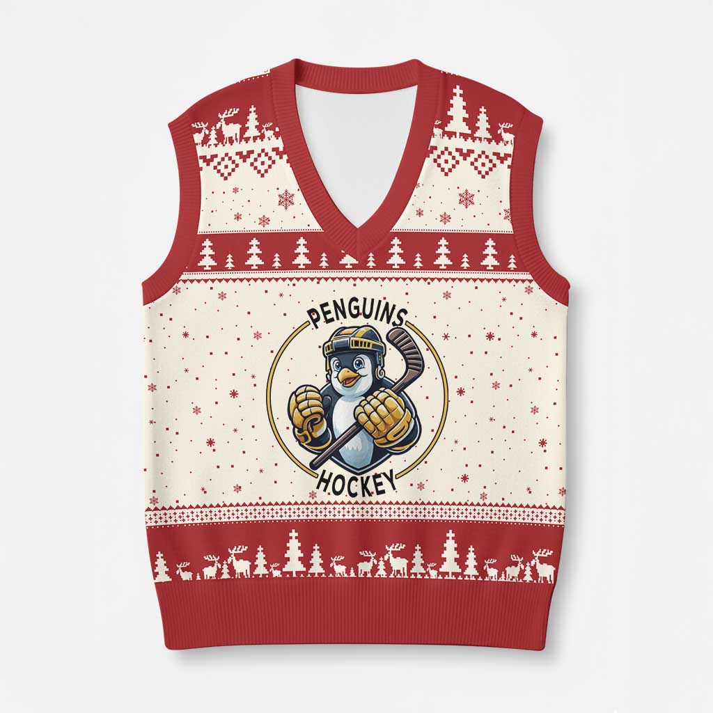Funny Penguin Hockey Player V-Neck Knit Sweater Vest Gift For Animal Lovers - Wonder Print Shop