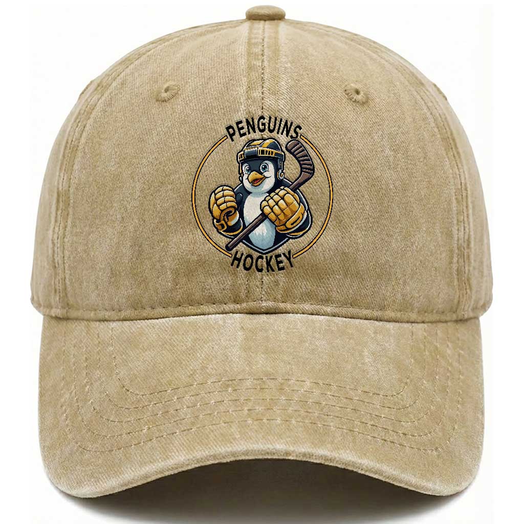 Funny Penguin Hockey Player Washed Cotton Baseball Cap Gift For Animal Lovers