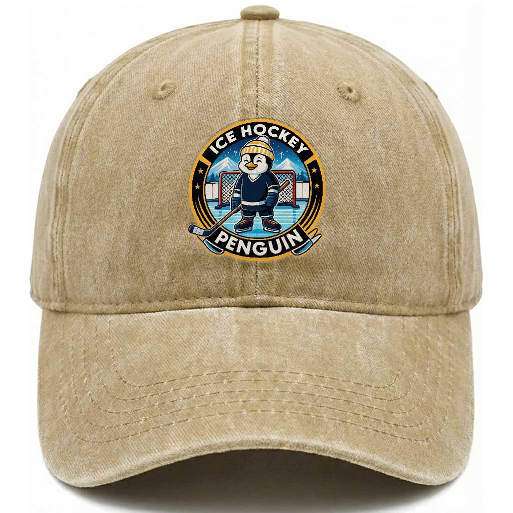 Funny Penguin Hockey Player Washed Cotton Baseball Cap Sports Fan Gift