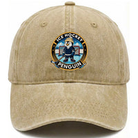 Funny Penguin Hockey Player Washed Cotton Baseball Cap Sports Fan Gift