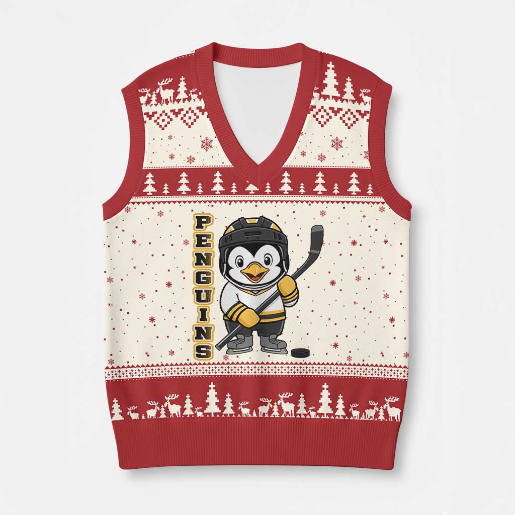 Funny Penguin Playing Ice Hockey V-Neck Knit Sweater Vest Gift For Kids - Wonder Print Shop