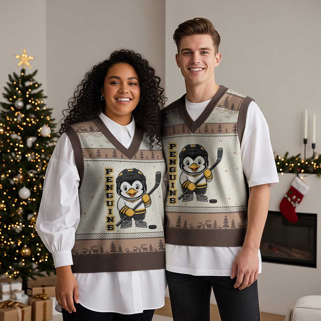 Funny Penguin Playing Ice Hockey V-Neck Knit Sweater Vest Gift For Kids - Wonder Print Shop