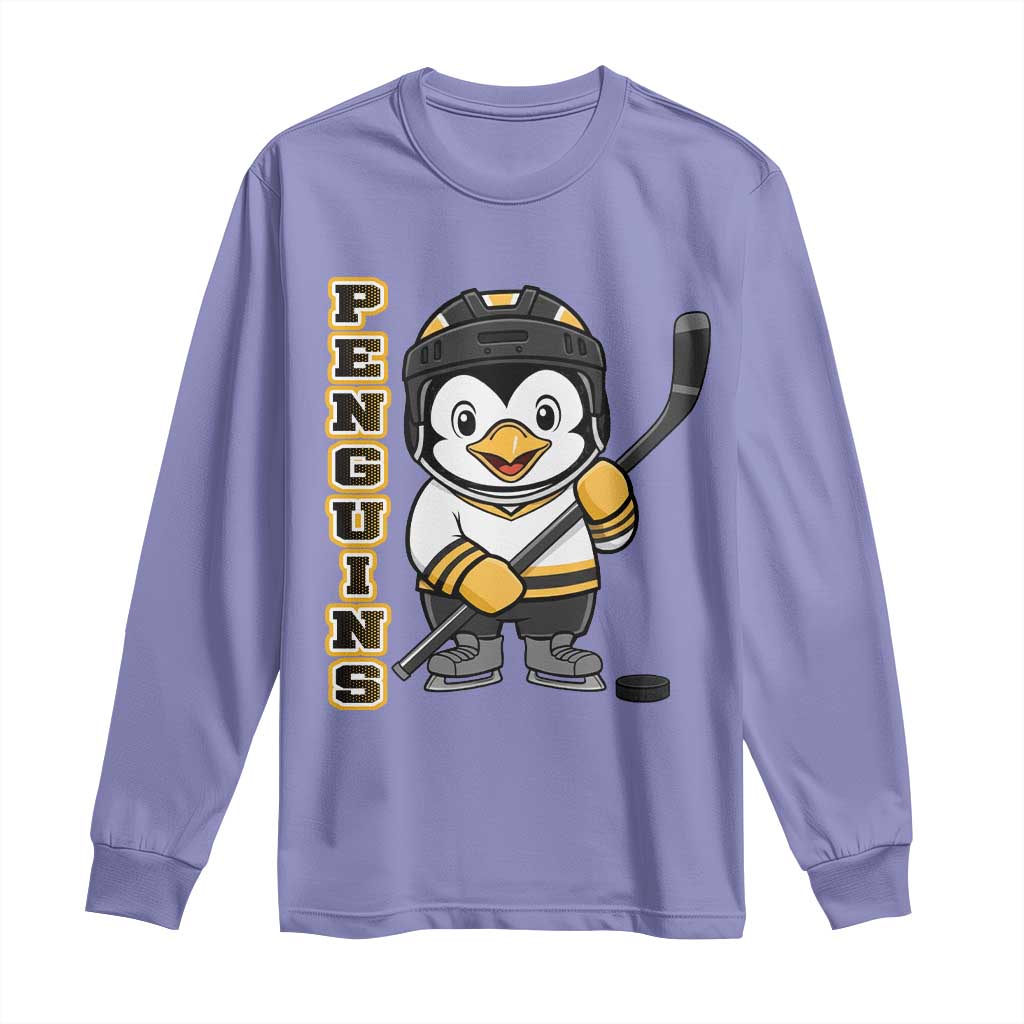 Funny Penguin Playing Ice Hockey Long Sleeve Shirt Gift For Kids - Wonder Print Shop
