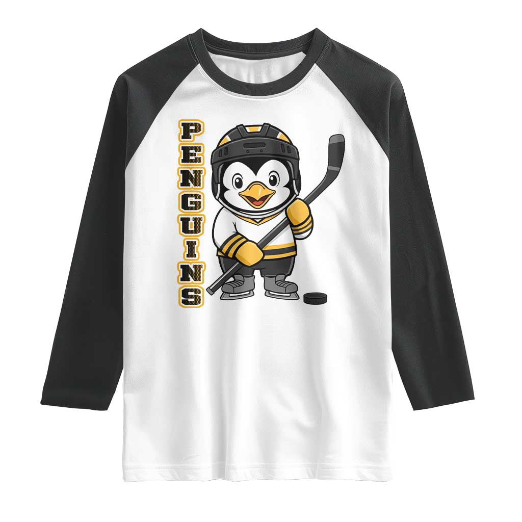 Funny Penguin Playing Ice Hockey Raglan Shirt Gift For Kids - Wonder Print Shop