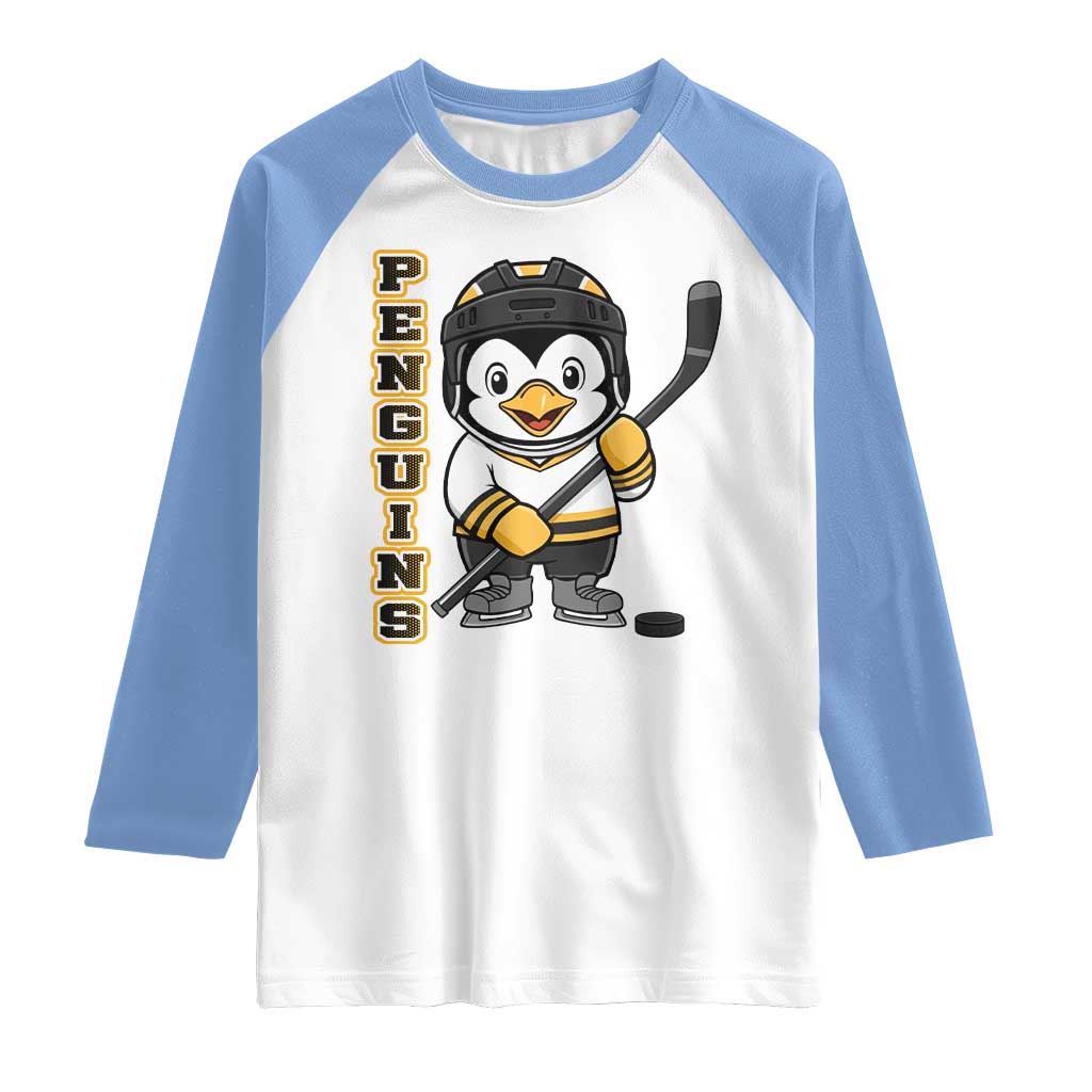 Funny Penguin Playing Ice Hockey Raglan Shirt Gift For Kids - Wonder Print Shop