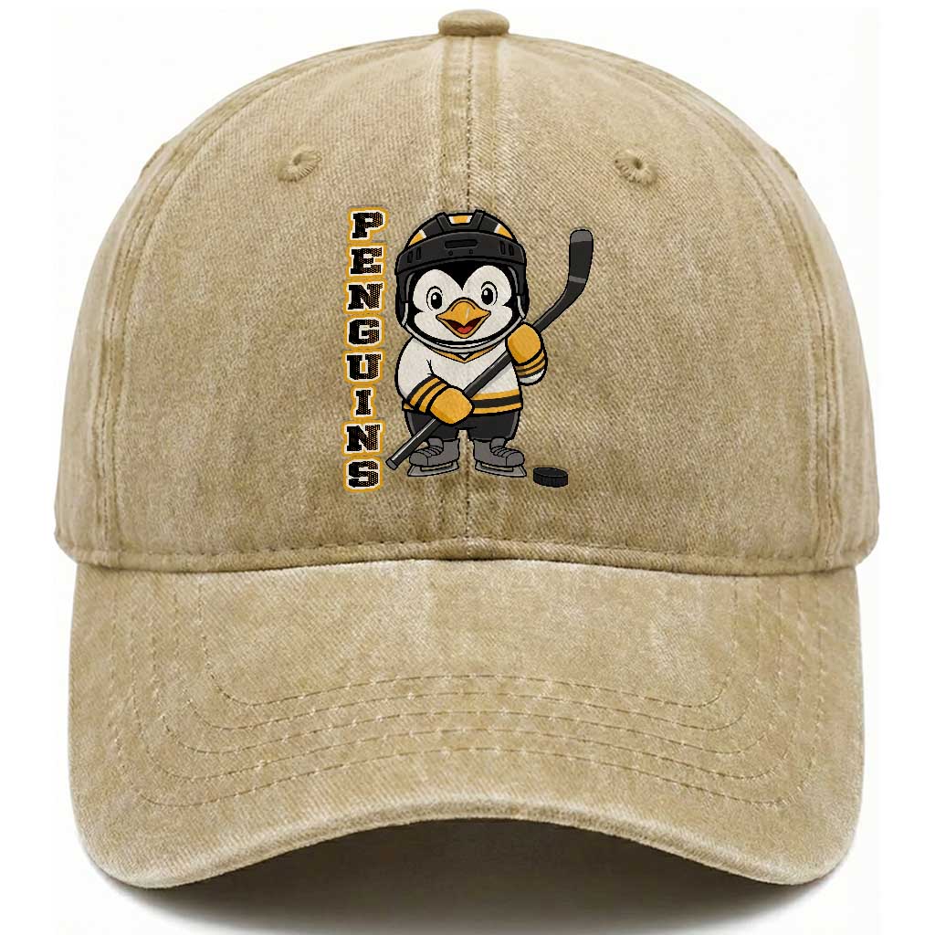 Funny Penguin Playing Ice Hockey Washed Cotton Baseball Cap Gift For Kids
