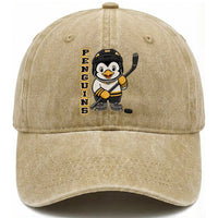 Funny Penguin Playing Ice Hockey Washed Cotton Baseball Cap Gift For Kids