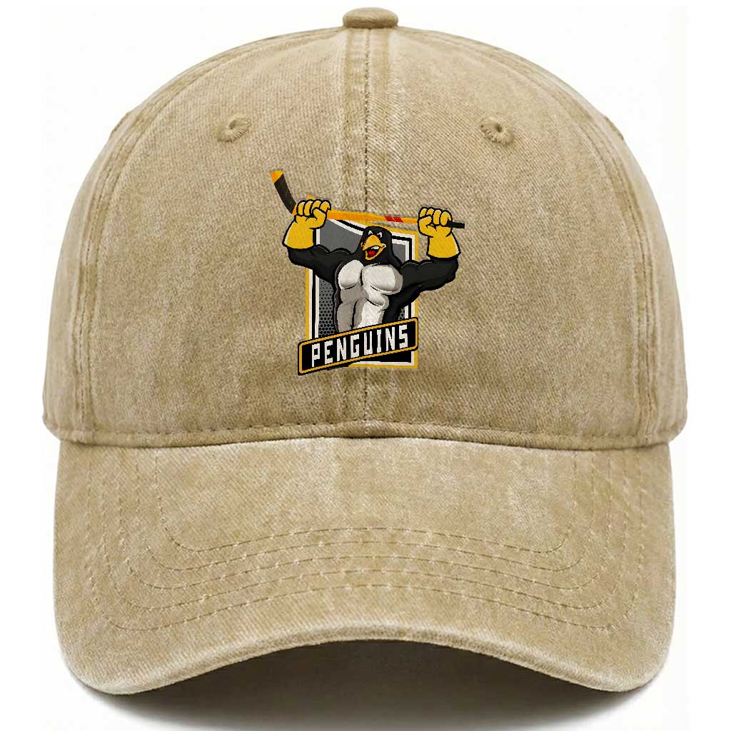 Funny Ice Hockey Player Gift Washed Cotton Baseball Cap Penguin Power