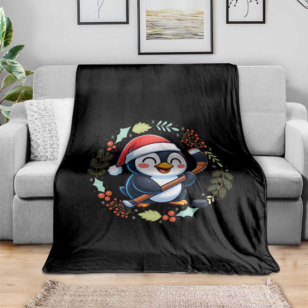Cute Penguin Playing Ice Hockey Throw Blanket Funny Christmas Gift - Wonder Print Shop