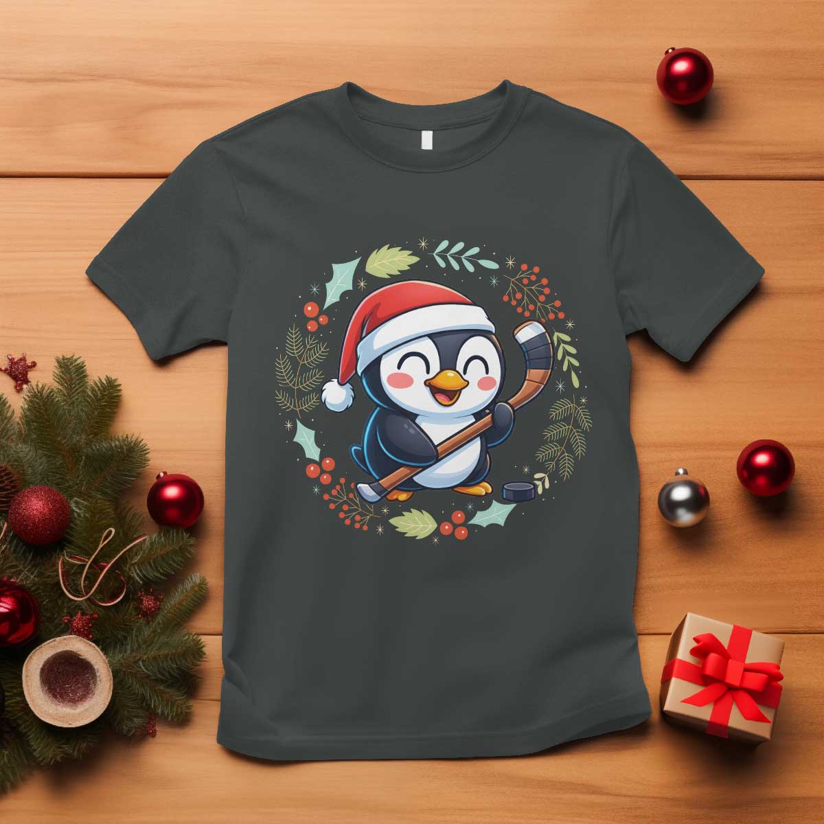 Cute Penguin Playing Ice Hockey T Shirt Funny Christmas Gift - Wonder Print Shop