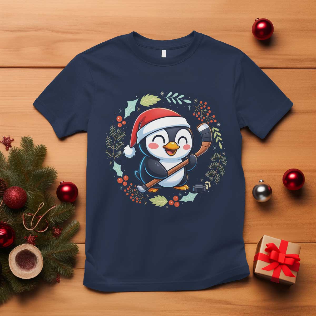 Cute Penguin Playing Ice Hockey T Shirt Funny Christmas Gift - Wonder Print Shop