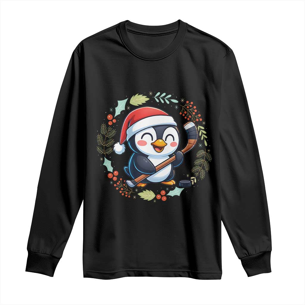 Cute Penguin Playing Ice Hockey Long Sleeve Shirt Funny Christmas Gift - Wonder Print Shop