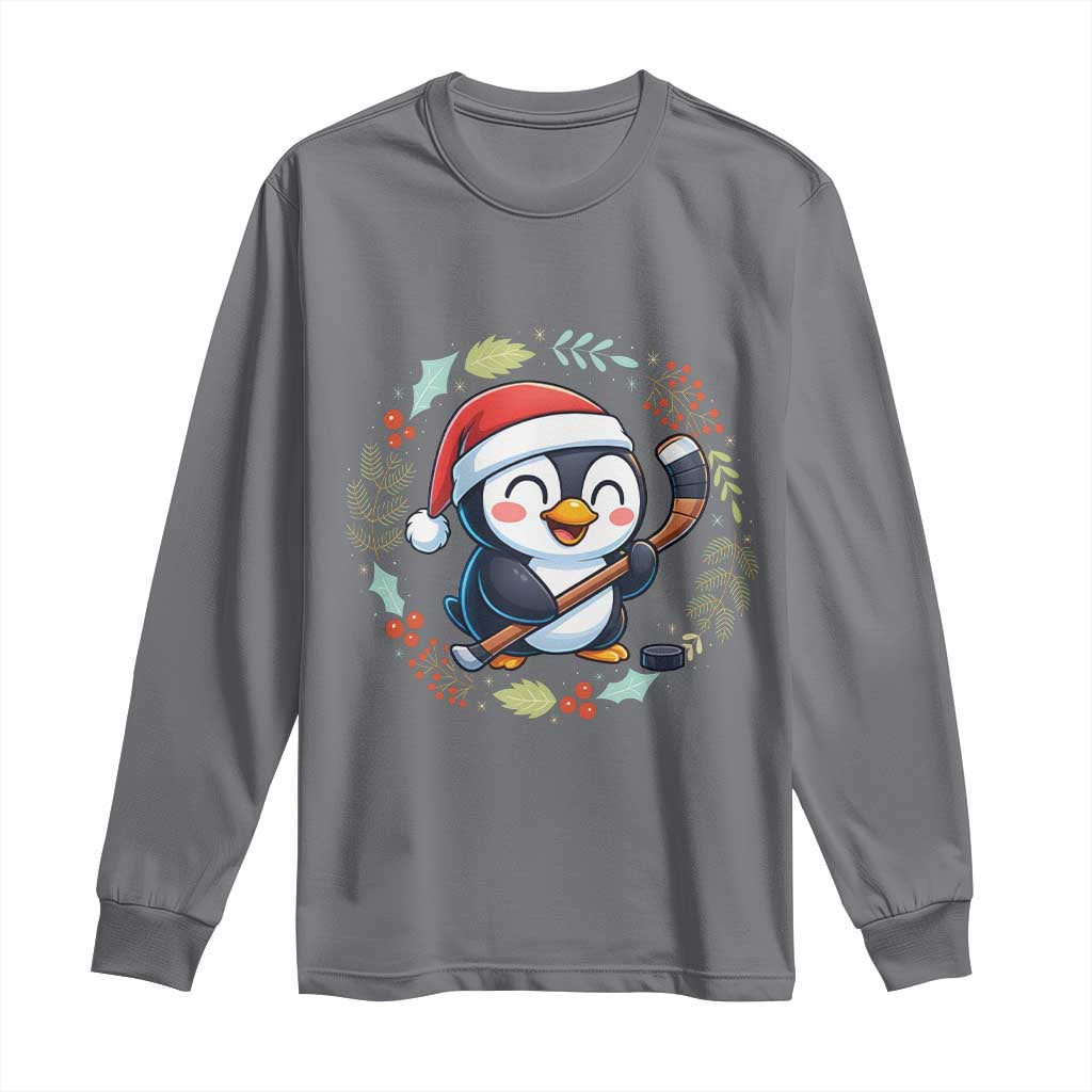 Cute Penguin Playing Ice Hockey Long Sleeve Shirt Funny Christmas Gift - Wonder Print Shop