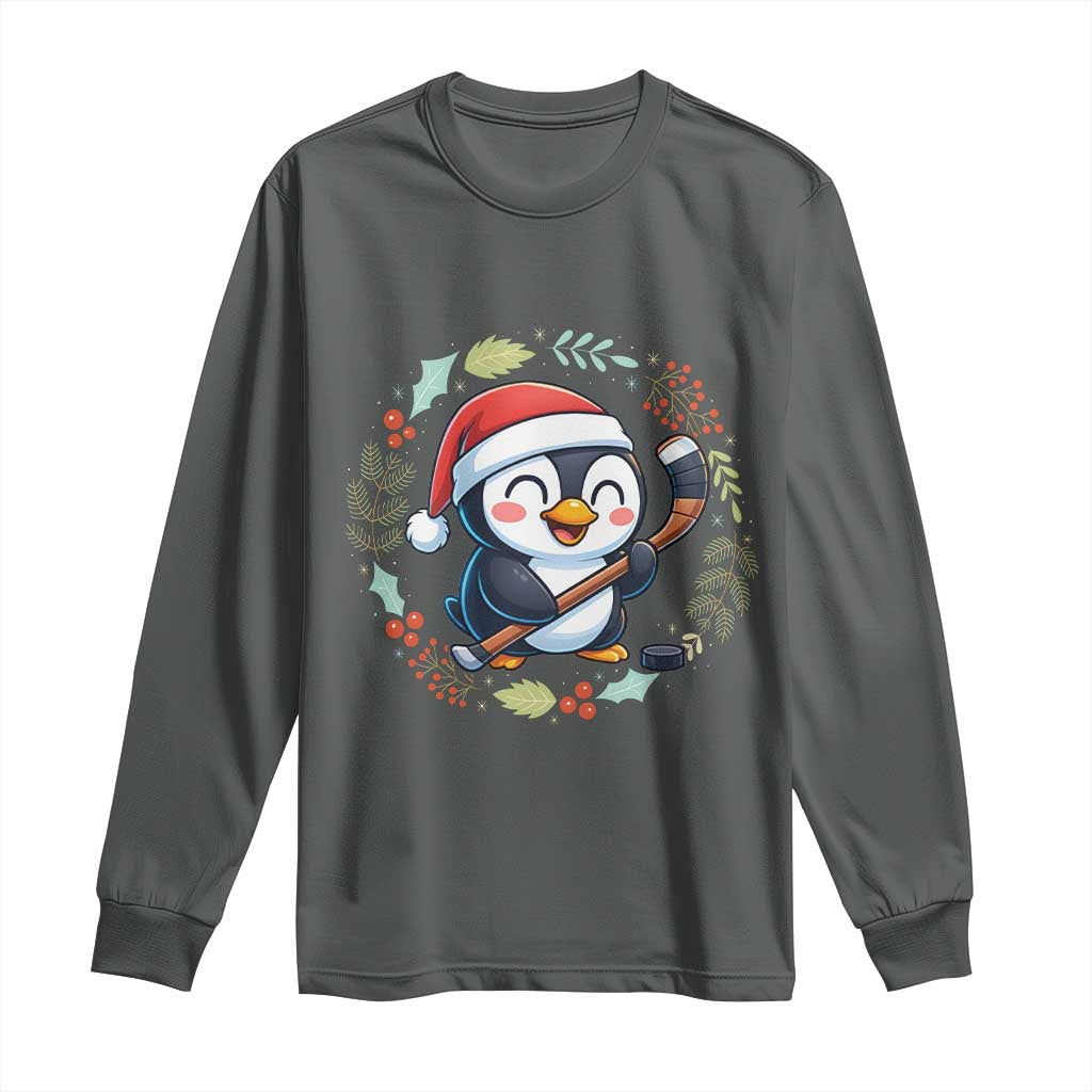 Cute Penguin Playing Ice Hockey Long Sleeve Shirt Funny Christmas Gift - Wonder Print Shop