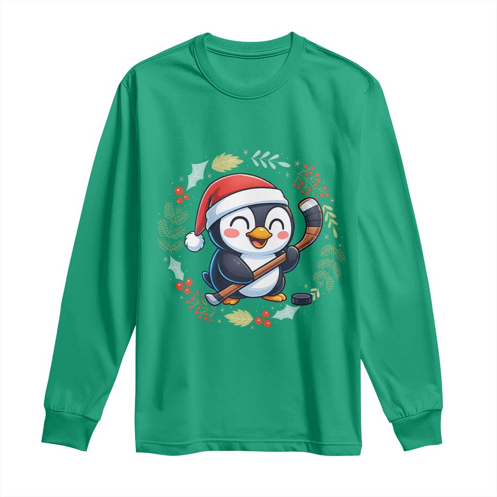 Cute Penguin Playing Ice Hockey Long Sleeve Shirt Funny Christmas Gift - Wonder Print Shop