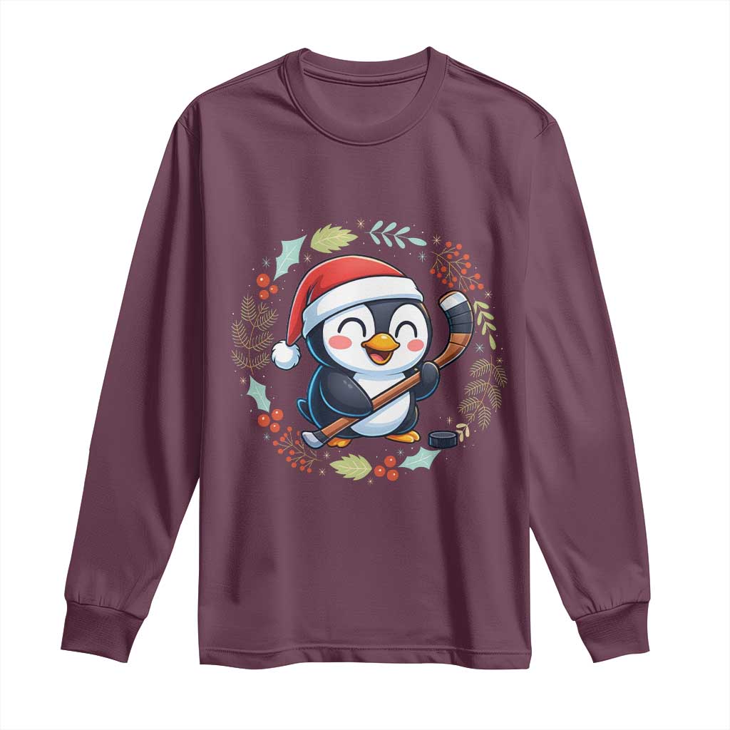 Cute Penguin Playing Ice Hockey Long Sleeve Shirt Funny Christmas Gift - Wonder Print Shop