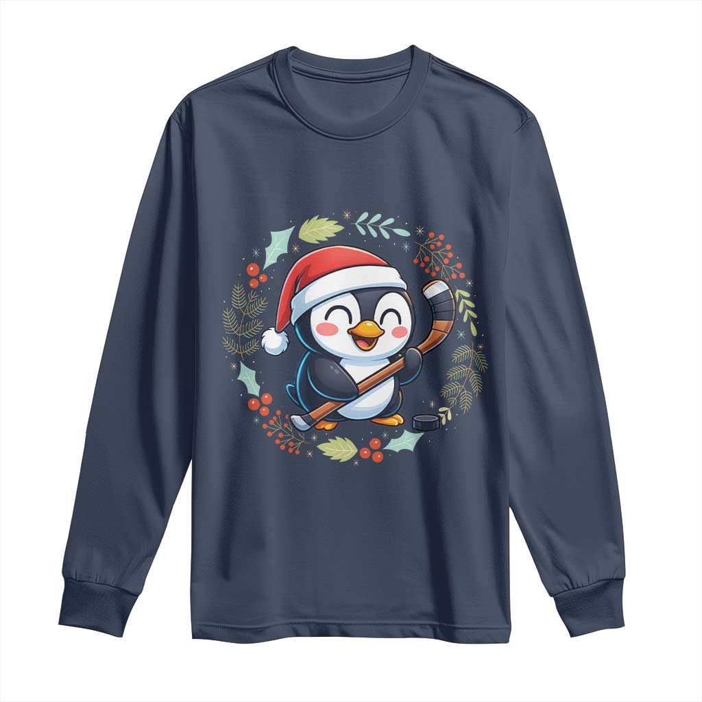 Cute Penguin Playing Ice Hockey Long Sleeve Shirt Funny Christmas Gift - Wonder Print Shop