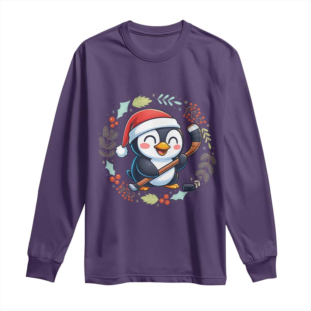 Cute Penguin Playing Ice Hockey Long Sleeve Shirt Funny Christmas Gift - Wonder Print Shop