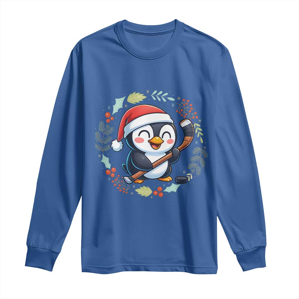Cute Penguin Playing Ice Hockey Long Sleeve Shirt Funny Christmas Gift - Wonder Print Shop