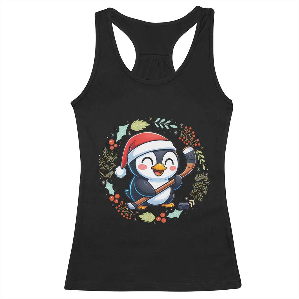 Cute Penguin Playing Ice Hockey Racerback Tank Top Funny Christmas Gift - Wonder Print Shop