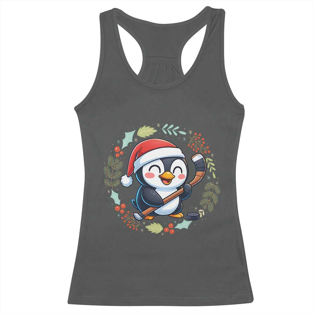 Cute Penguin Playing Ice Hockey Racerback Tank Top Funny Christmas Gift - Wonder Print Shop