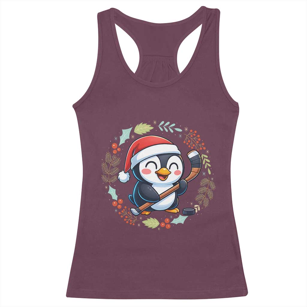 Cute Penguin Playing Ice Hockey Racerback Tank Top Funny Christmas Gift - Wonder Print Shop