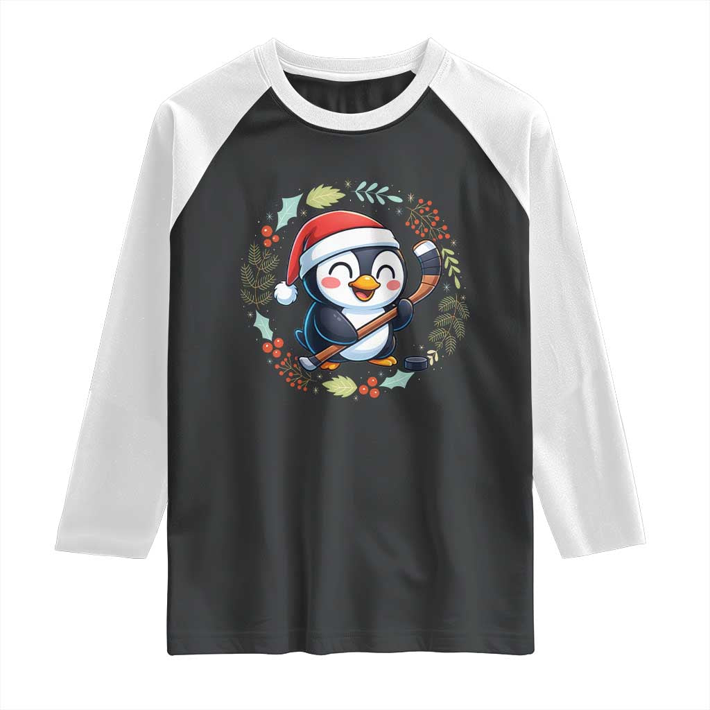 Cute Penguin Playing Ice Hockey Raglan Shirt Funny Christmas Gift - Wonder Print Shop