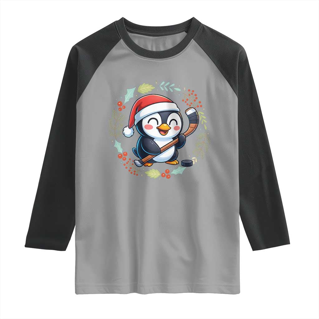 Cute Penguin Playing Ice Hockey Raglan Shirt Funny Christmas Gift - Wonder Print Shop