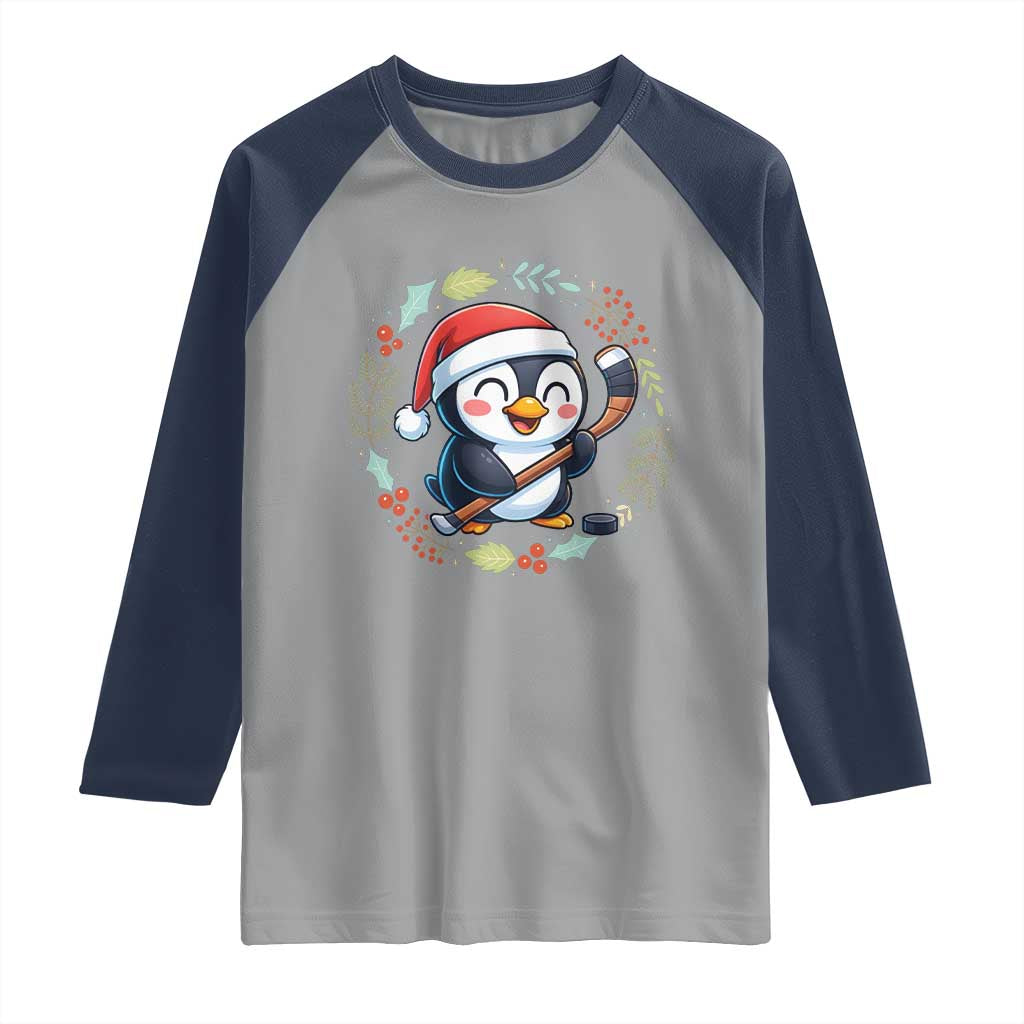 Cute Penguin Playing Ice Hockey Raglan Shirt Funny Christmas Gift - Wonder Print Shop