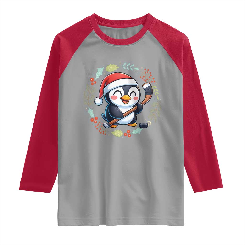 Cute Penguin Playing Ice Hockey Raglan Shirt Funny Christmas Gift - Wonder Print Shop