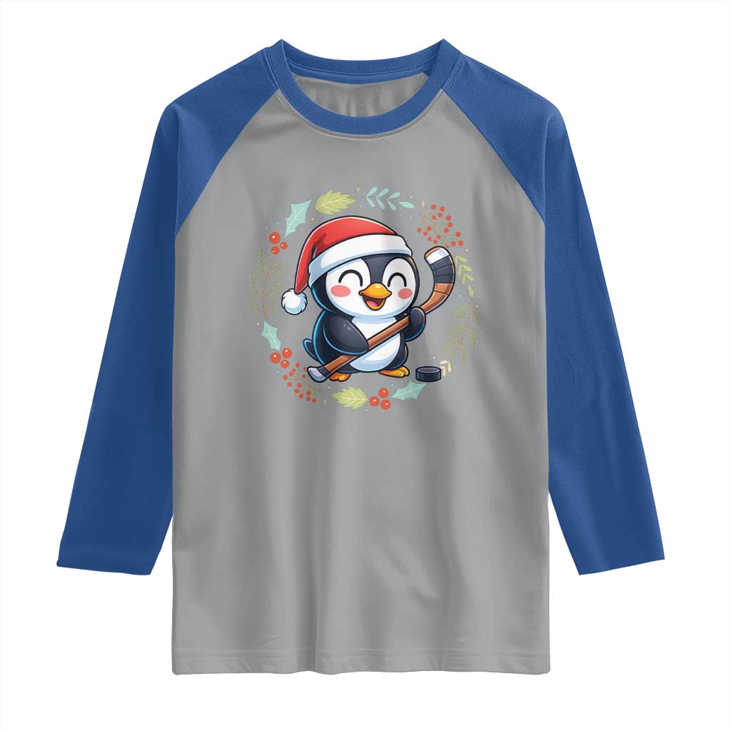 Cute Penguin Playing Ice Hockey Raglan Shirt Funny Christmas Gift - Wonder Print Shop