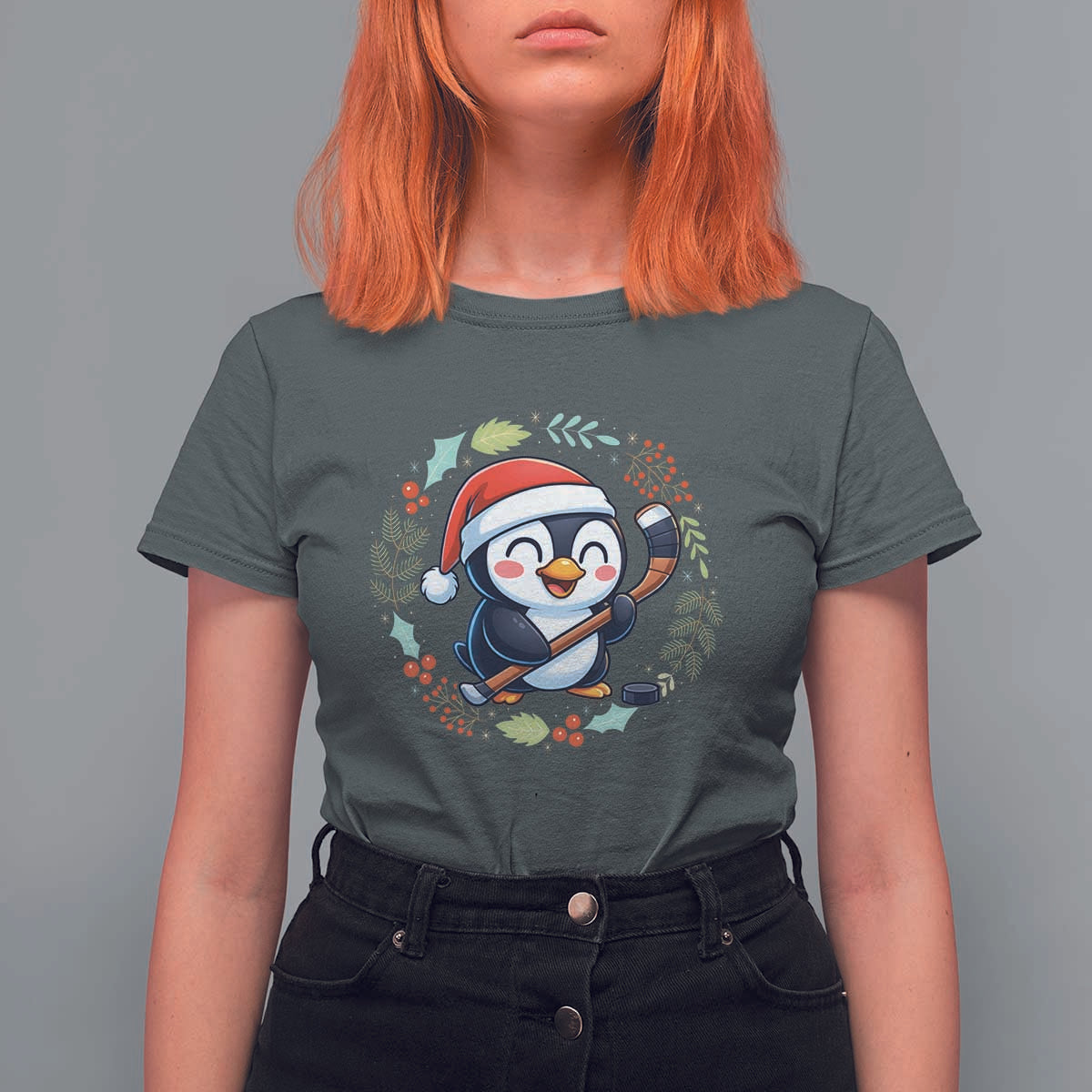 Cute Penguin Playing Ice Hockey T Shirt For Women Funny Christmas Gift - Wonder Print Shop