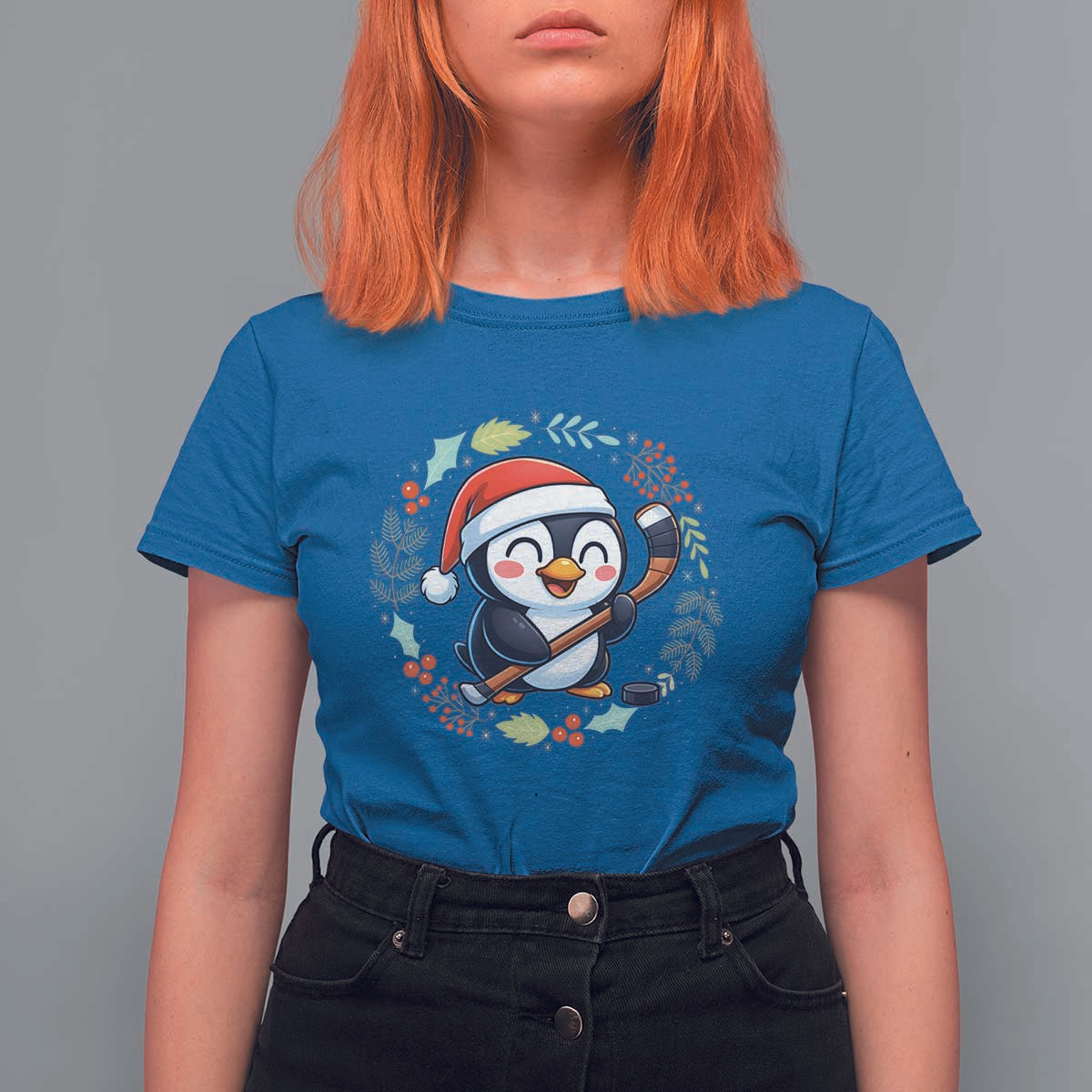 Cute Penguin Playing Ice Hockey T Shirt For Women Funny Christmas Gift - Wonder Print Shop