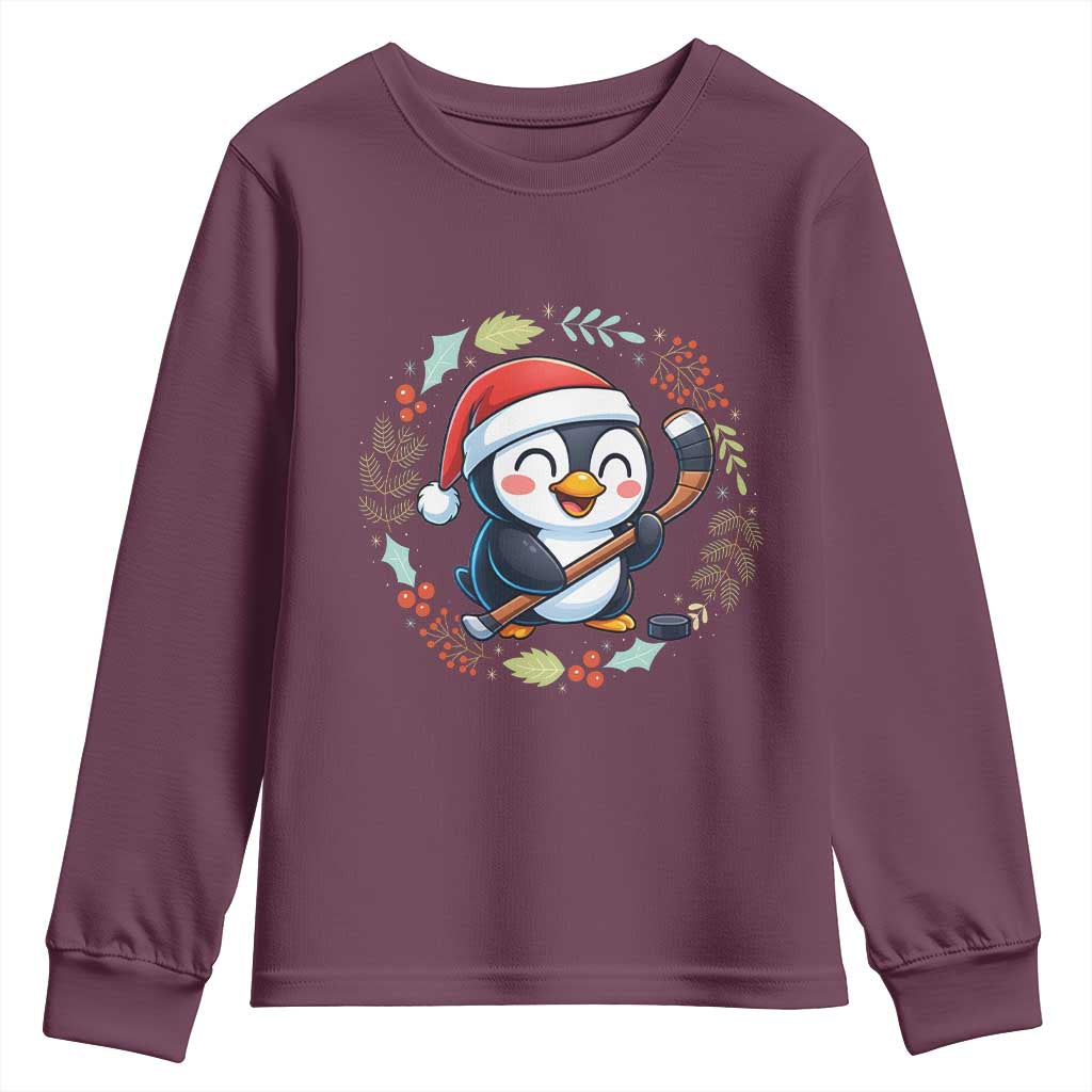 Cute Penguin Playing Ice Hockey Youth Sweatshirt Funny Christmas Gift - Wonder Print Shop