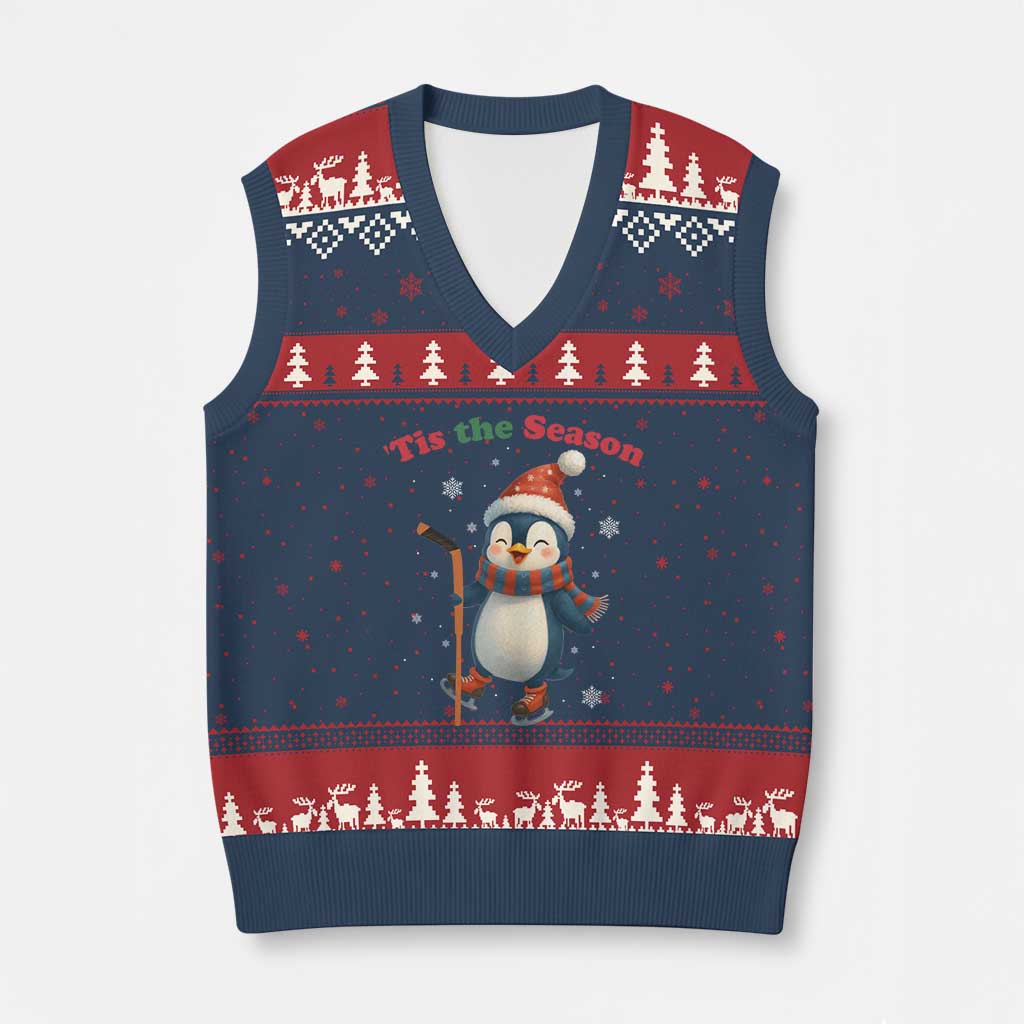Cute Penguin Tis The Season V-Neck Knit Sweater Vest Funny Xmas Gift For Holiday Fans - Wonder Print Shop