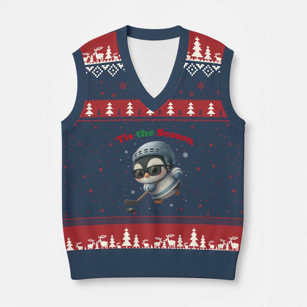 Penguin On Ice Tis The Season V-Neck Knit Sweater Vest Funny Xmas Gift - Wonder Print Shop