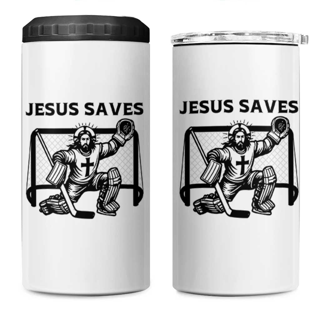 Funny Religious Ice Hockey Goalie Gift 4 in 1 Can Cooler Tumbler Jesus Saves - Wonder Print Shop